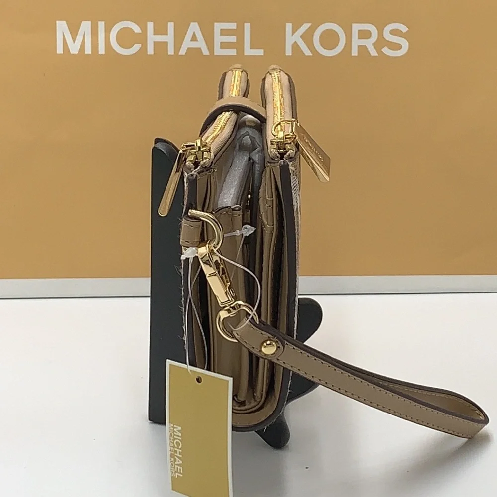 MICHAEL KORS LARGE DOUBLE ZIP WRISTLET WALLET CAMEL MULTI COLOR